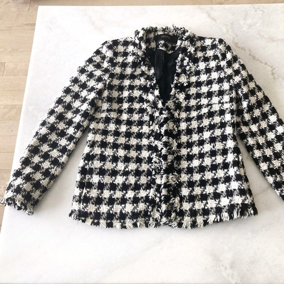 Zara frayed checked blazer black & white woven houndstooth jacket / coat, size S - Picture 2 of 10